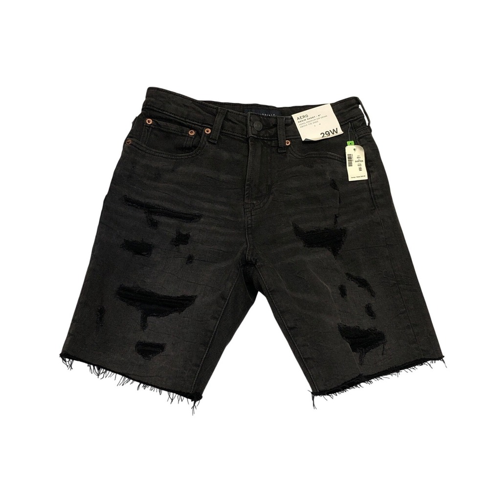 Aeropostale Mens Premium Air Denim Distressed Shorts Black 29W 9L Raw Frayed Hem